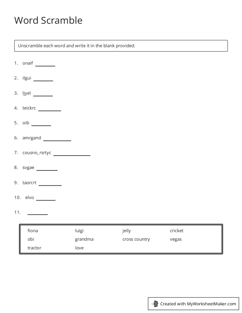Word Scramble - My Worksheet Maker: Create Your Own Worksheets
