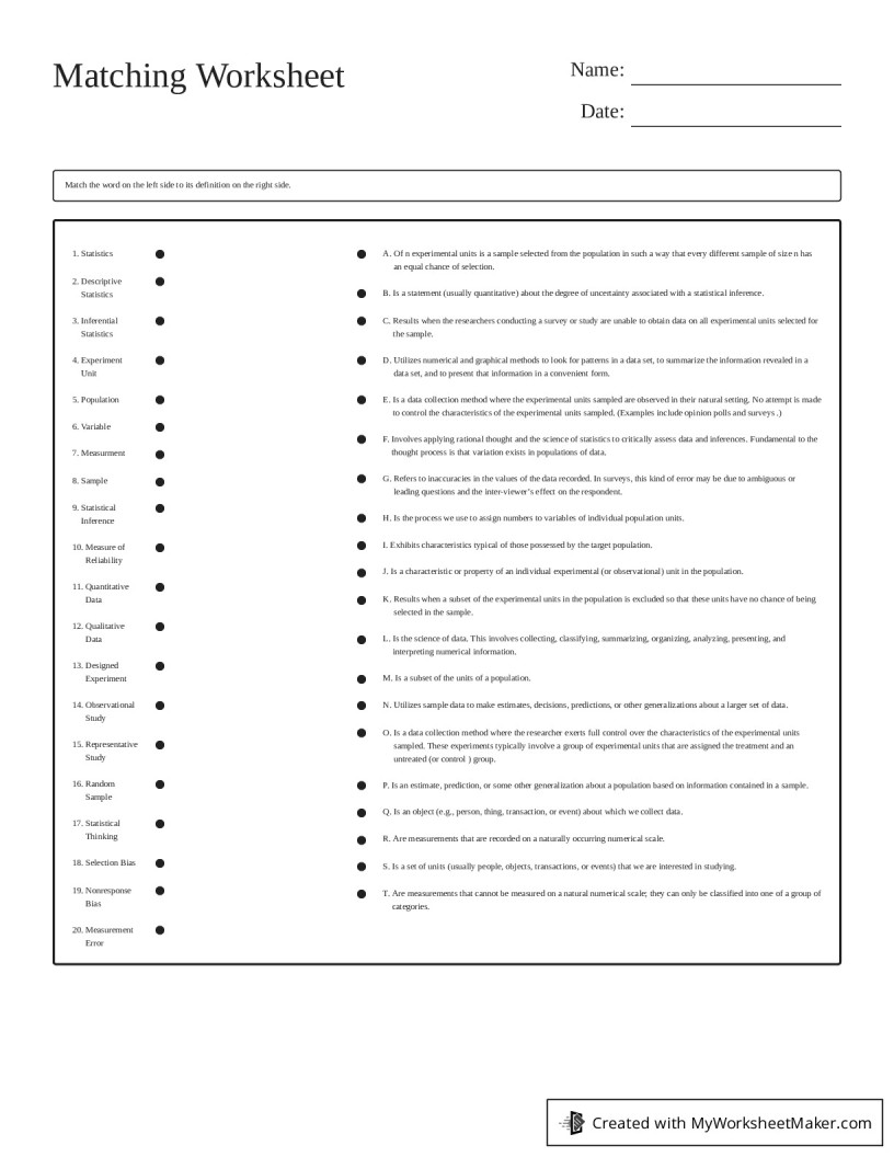 Teacher Matching Worksheet Generator