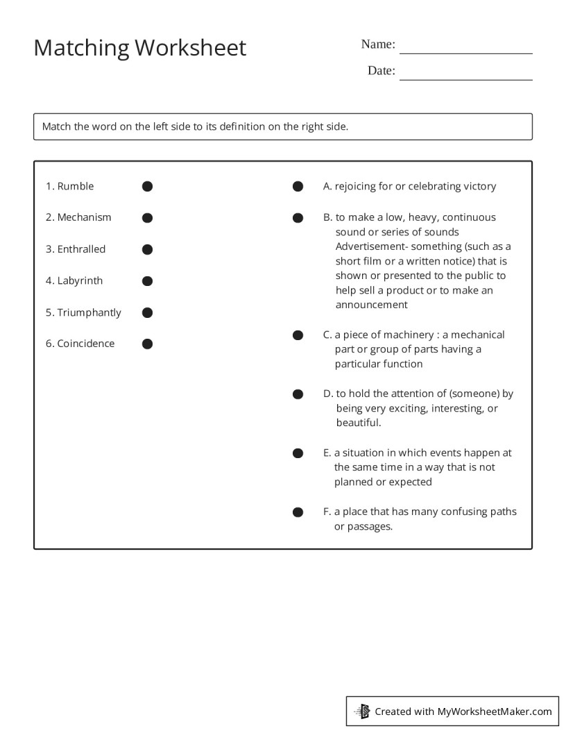 Matching Worksheet - My Worksheet Maker: Create Your Own Worksheets