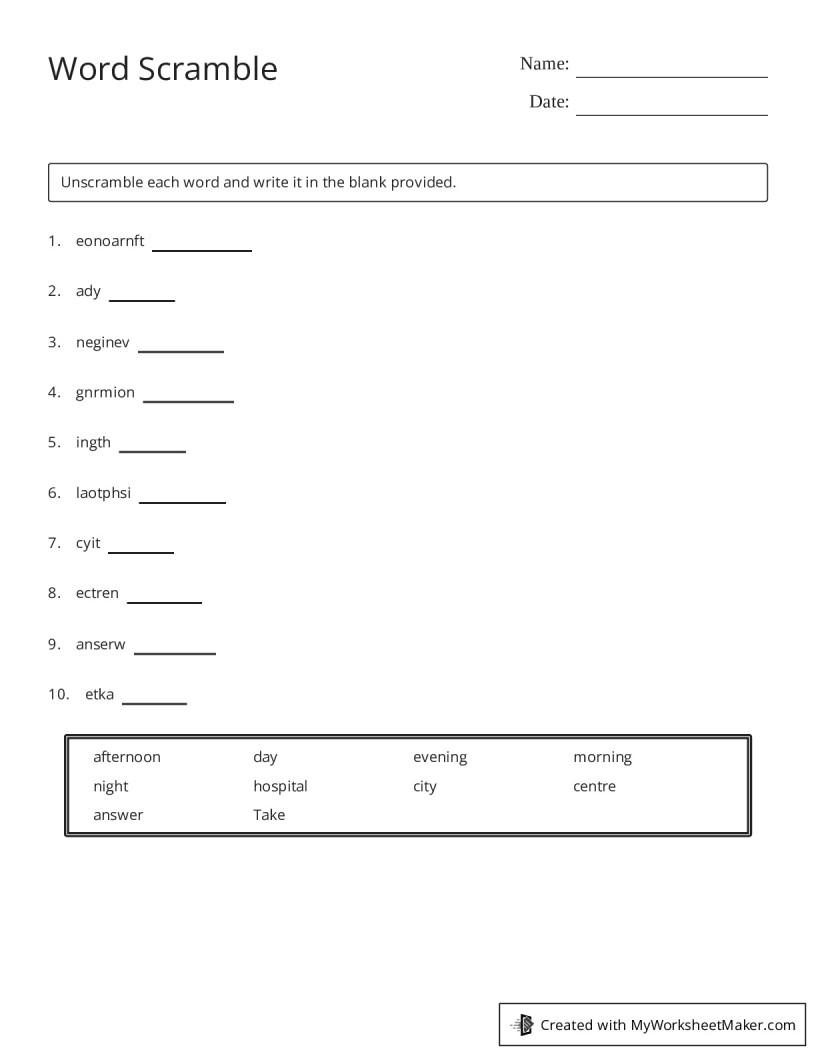 Word Scramble - My Worksheet Maker: Create Your Own Worksheets