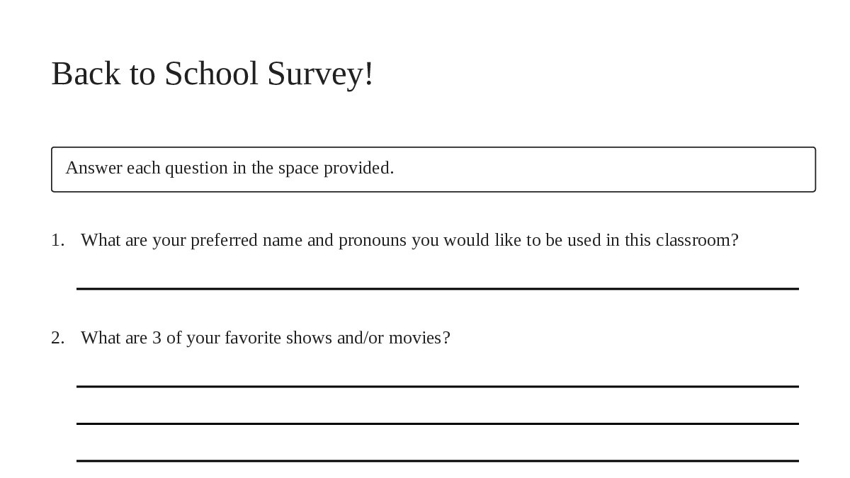 Back to School Survey! - My Worksheet Maker: Create Your Own Worksheets