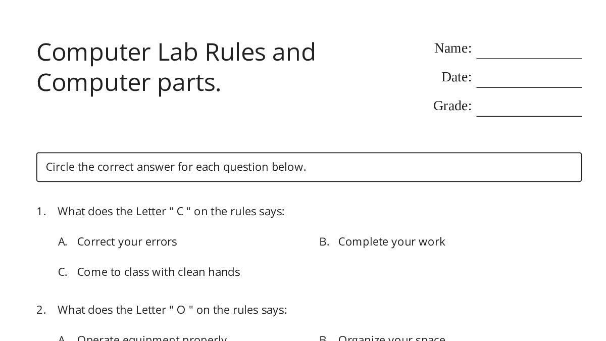 Computer Lab Rules and Computer parts. - My Worksheet Maker: Create ...