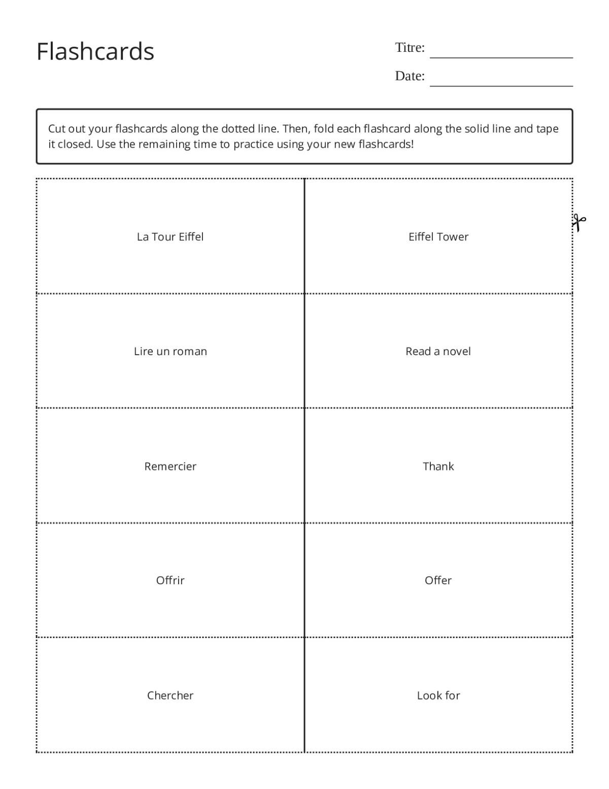 French vocabulary flashcards featuring La Tour Eiffel, remercier, and offrir for Grade 7 students.