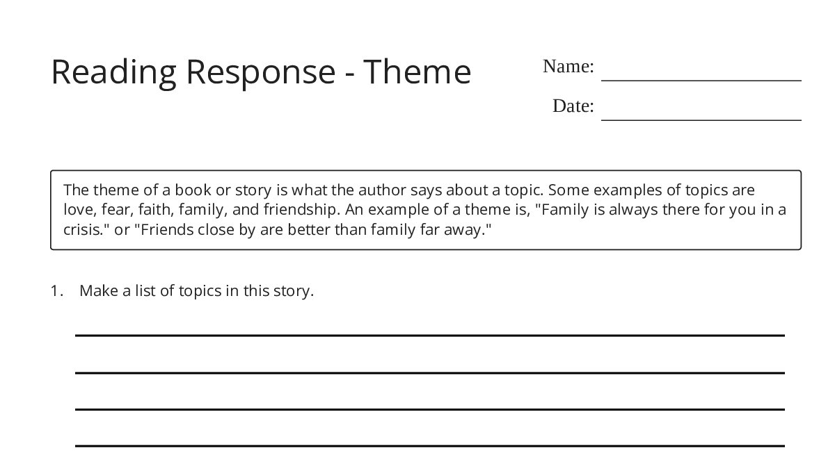 Reading Response - Theme - My Worksheet Maker: Create Your Own Worksheets