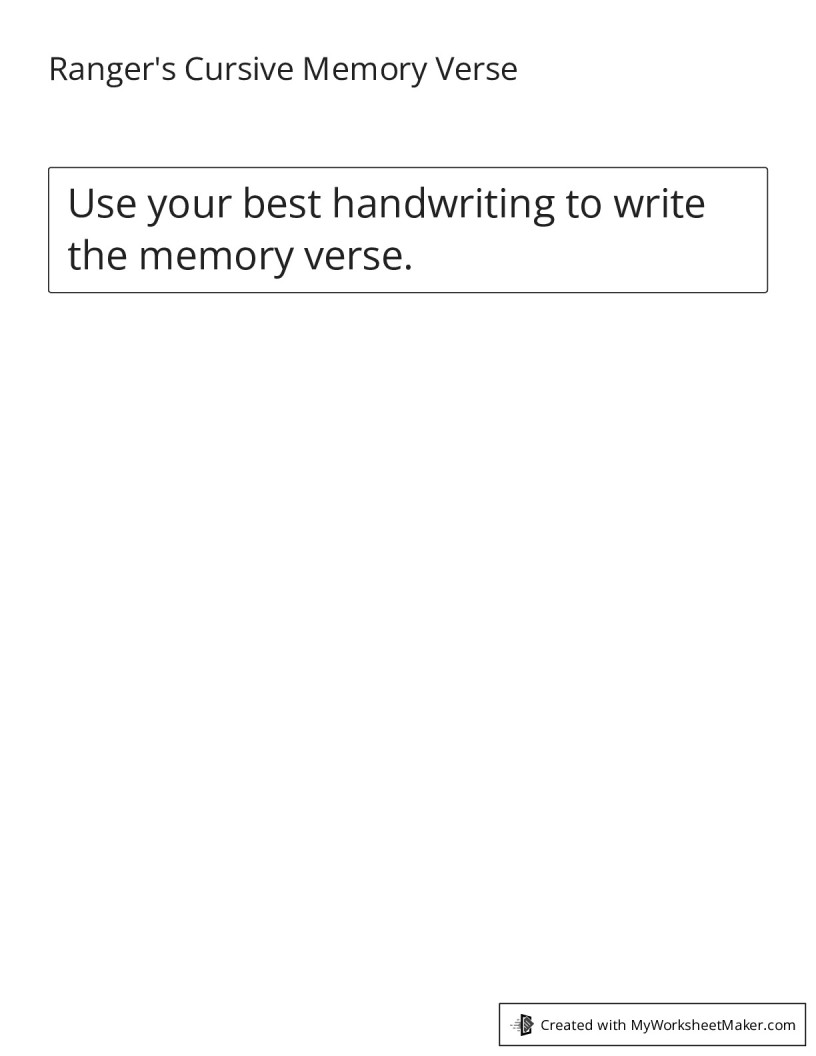 Ranger's Cursive Memory Verse - My Worksheet Maker: Create Your Own ...