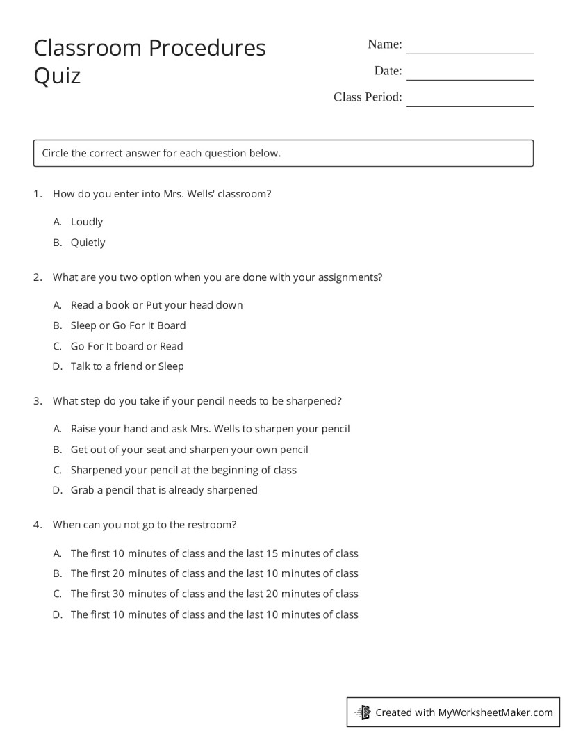 Classroom Procedures Quiz My Worksheet Maker Create Your Own Worksheets