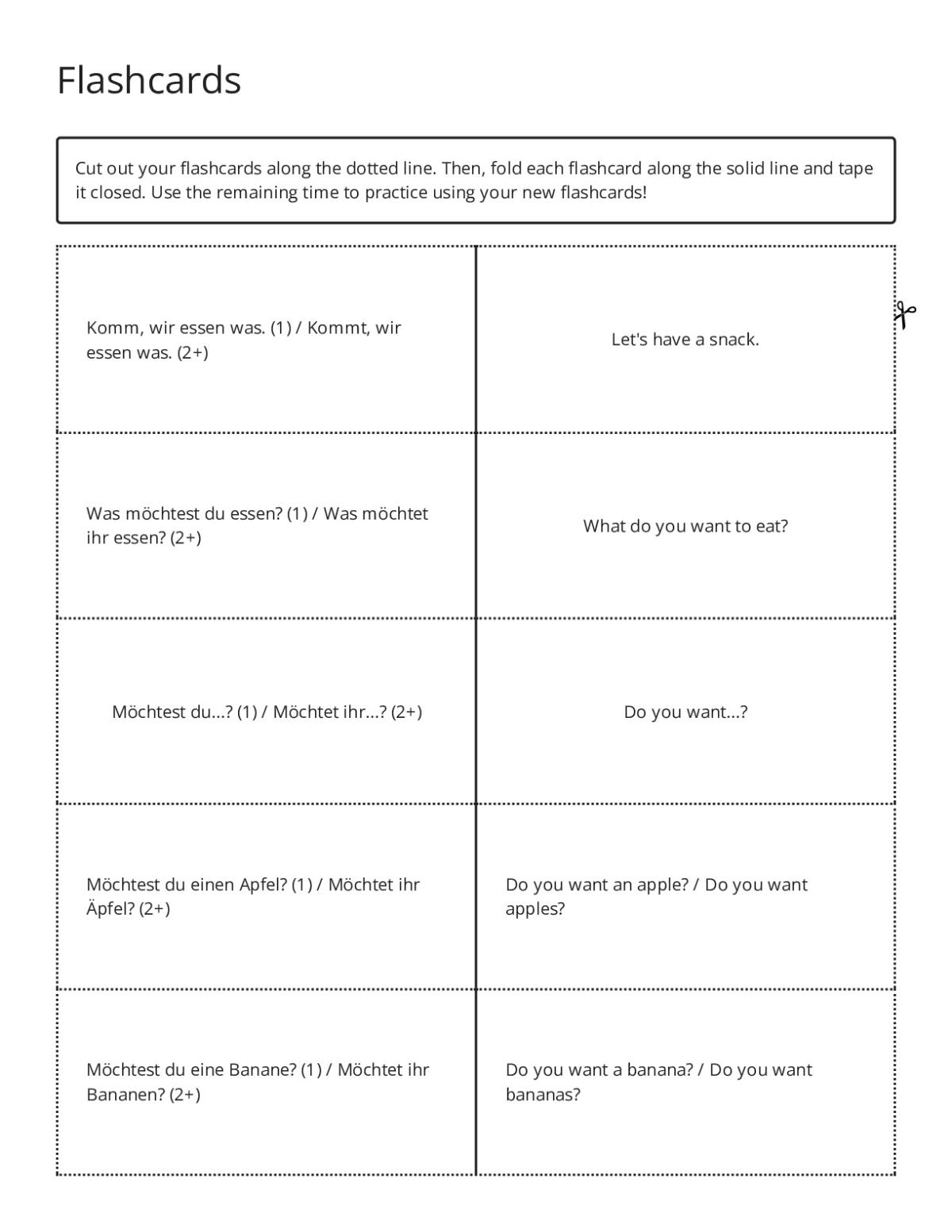 German food conversation flashcards with phrases like "Was möchtest du essen?" and fruit vocabulary.