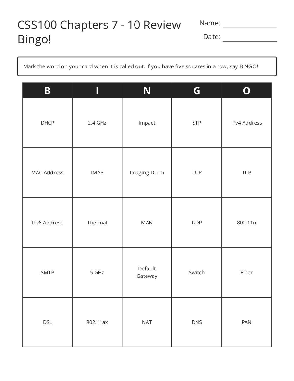 Computer networking bingo cards with protocols, IP addresses, and wireless standards.