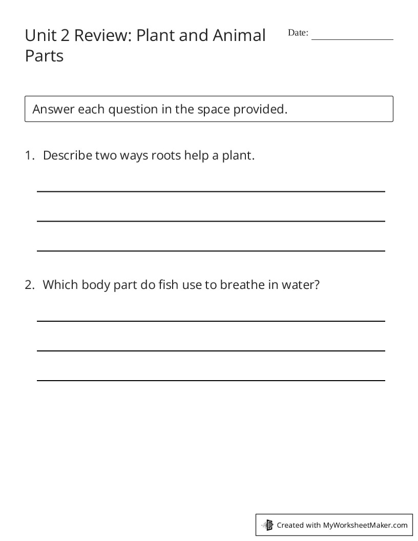 Unit 2 Review: Plant and Animal Parts - My Worksheet Maker: Create Your ...