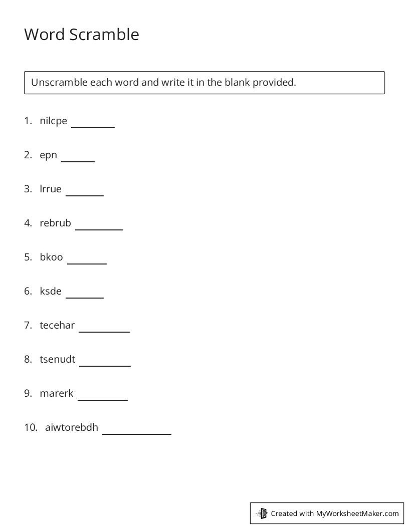 Word Scramble - My Worksheet Maker: Create Your Own Worksheets