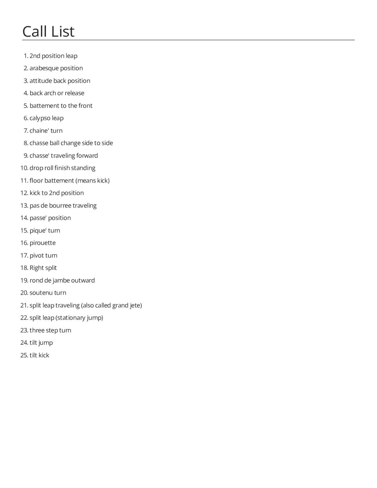 Dance team skills bingo cards with turns, leaps, and positions like pirouette and arabesque.