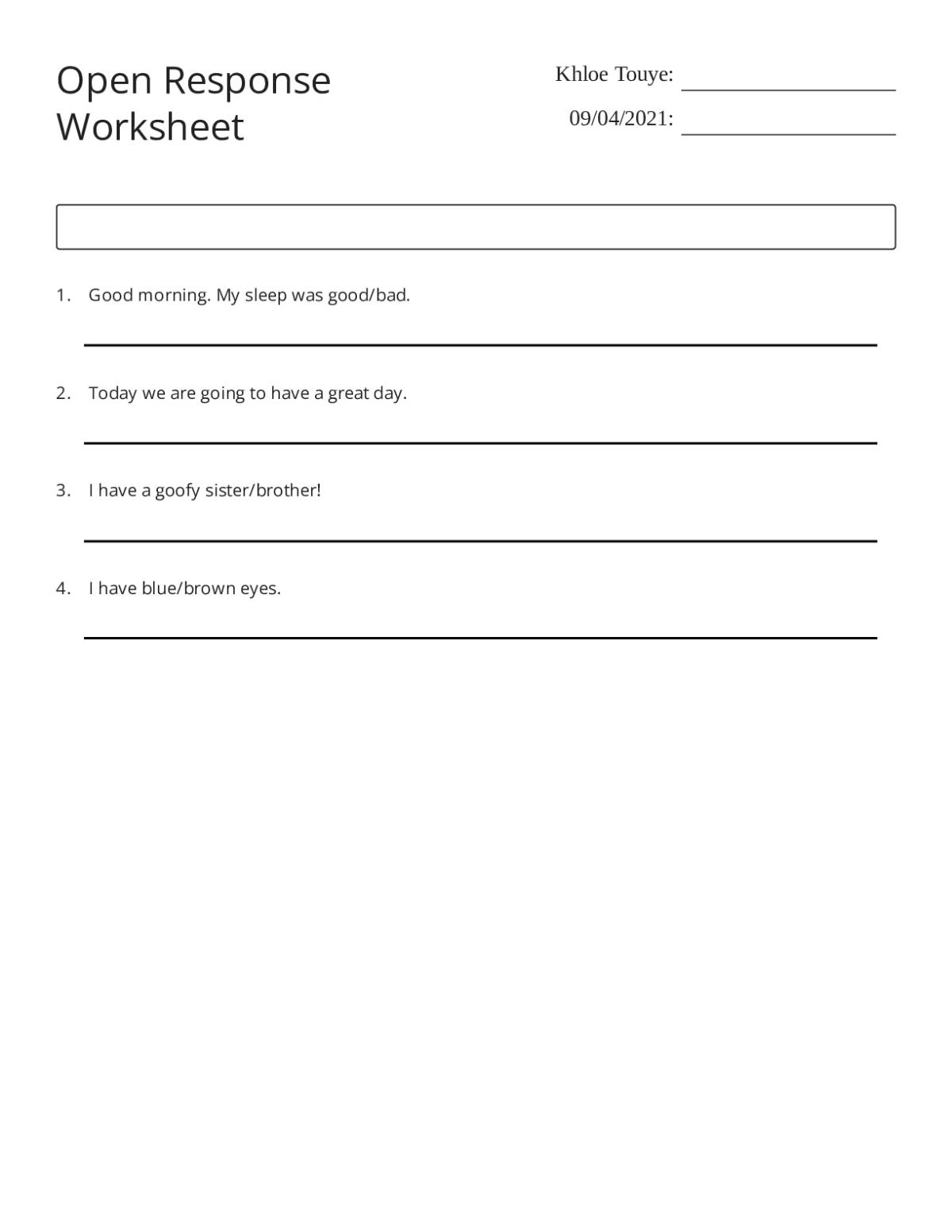 Printable Pre-K to 1st grade worksheet with four sentences where students choose words to describe themselves.