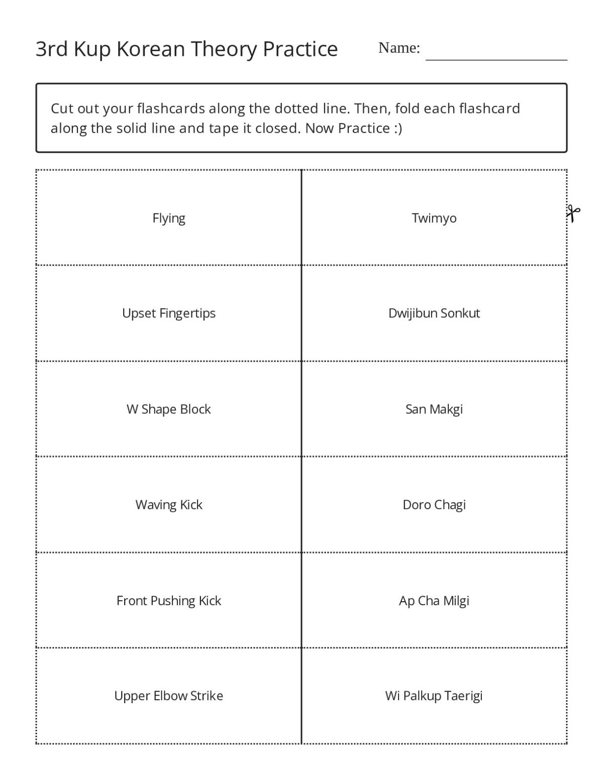 Taekwondo 3rd Kup theory flashcards with kicks, blocks, and Toi-Gye poomsae movements.