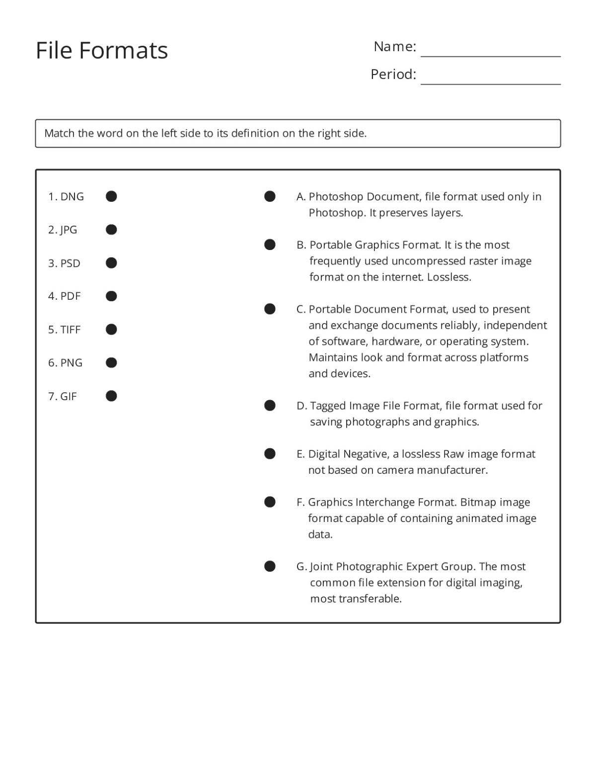 Printable matching worksheet on digital image file formats including JPG, PNG, PSD, PDF, TIFF, DNG, and GIF.