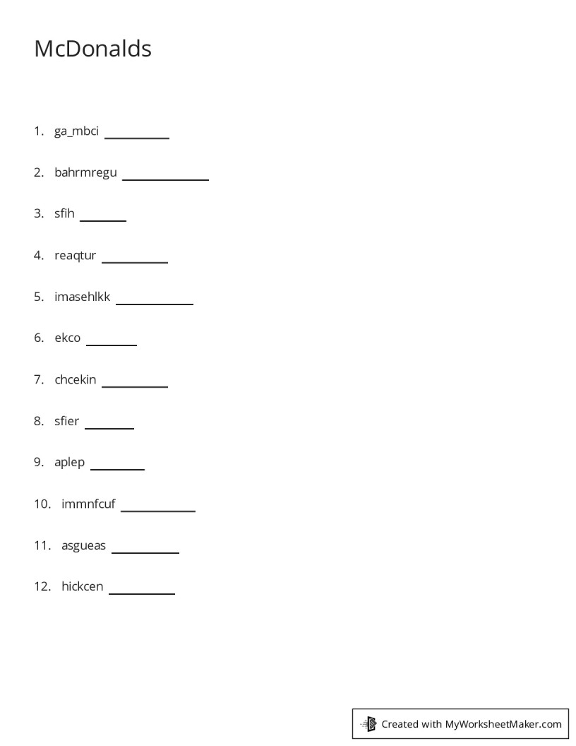 McDonalds - My Worksheet Maker: Create Your Own Worksheets