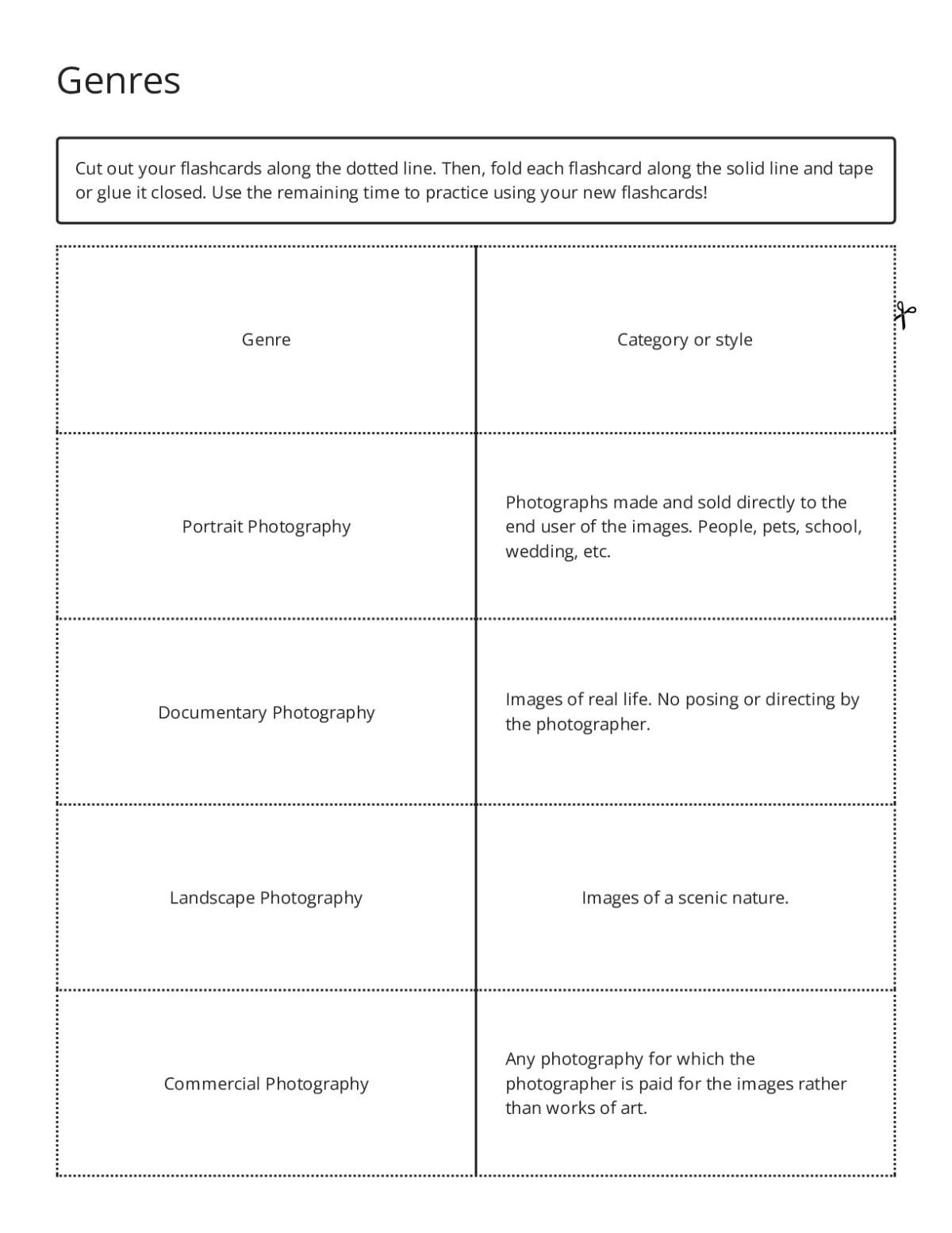 Photographic genres flashcards with portrait, documentary, landscape, and fine art photography.