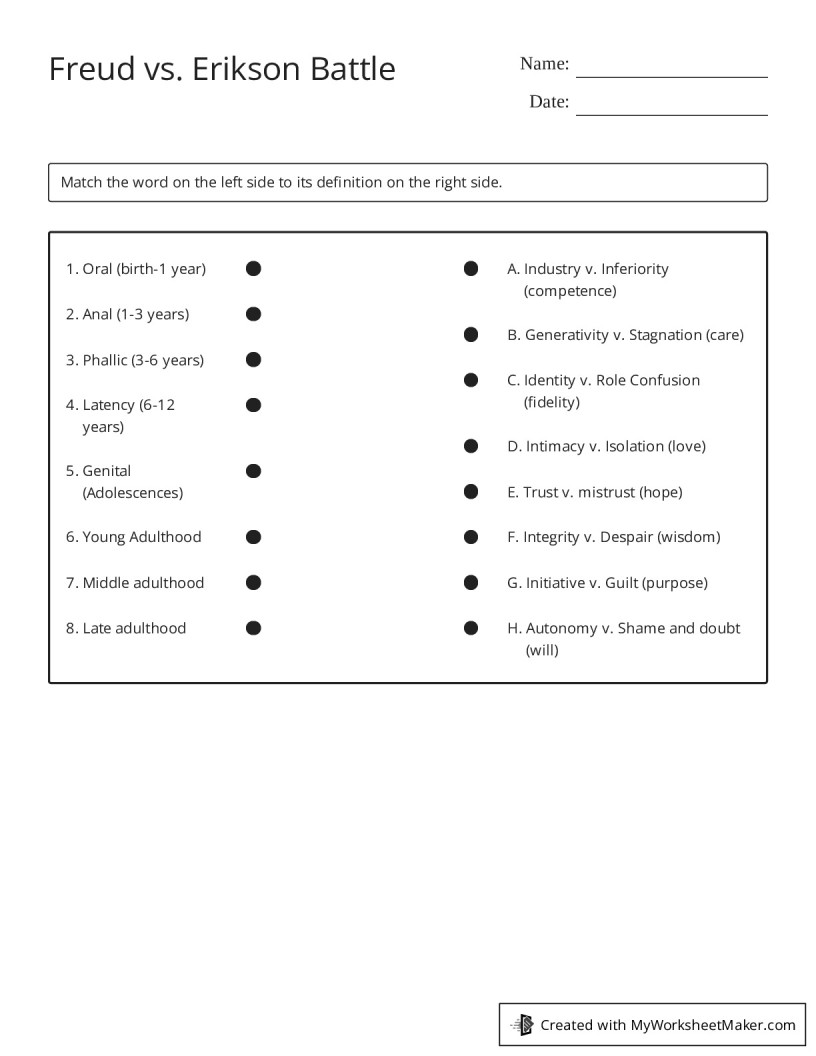 Freud vs. Erikson Battle - My Worksheet Maker: Create Your Own Worksheets