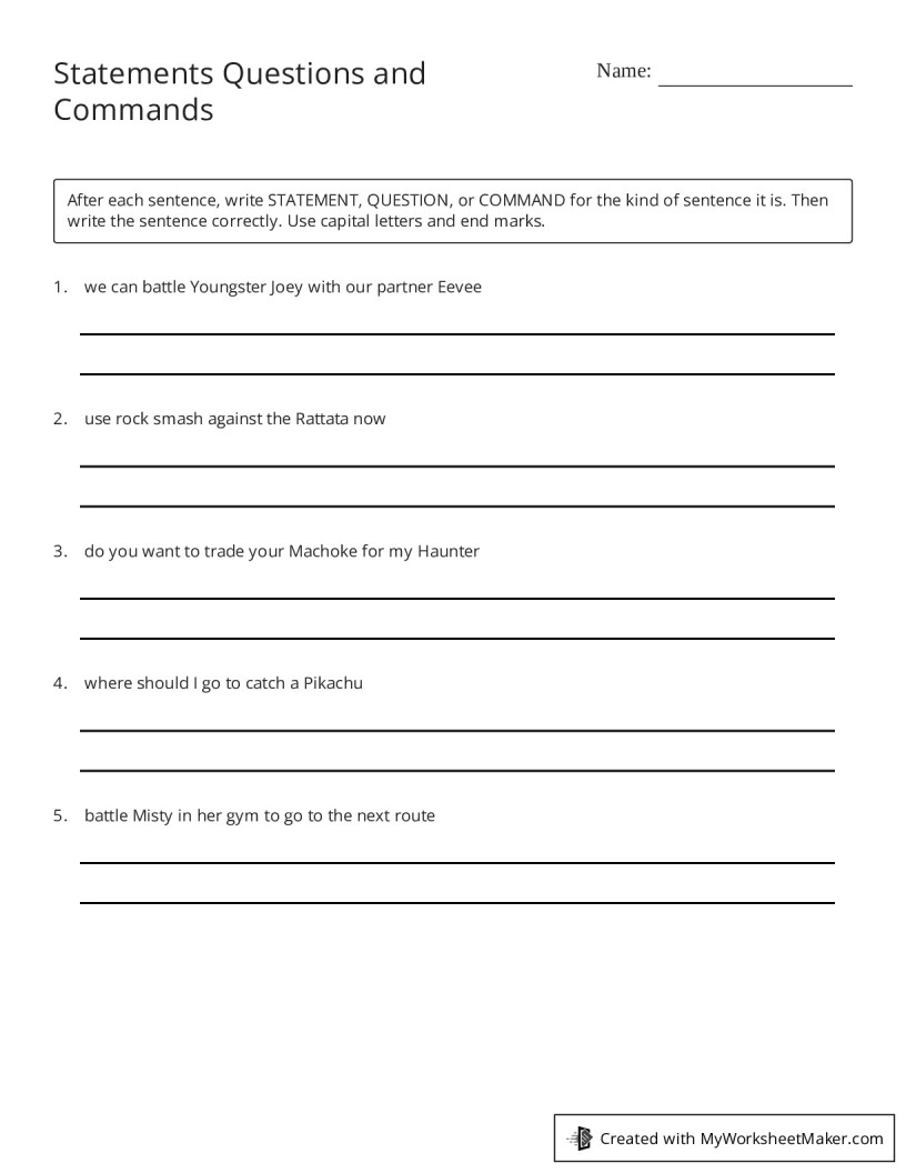 Statements Questions and Commands - My Worksheet Maker: Create Your Own ...
