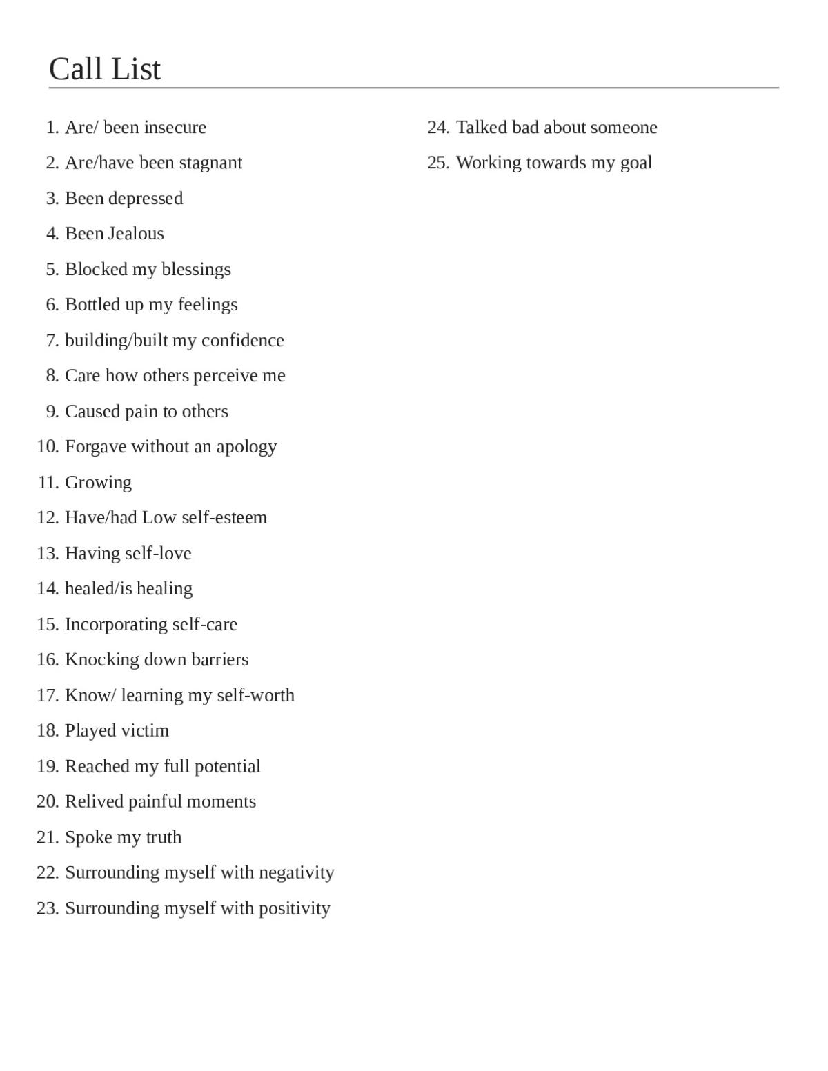 Bingo cards with personal growth prompts about healing, self-worth, and emotional wellness.