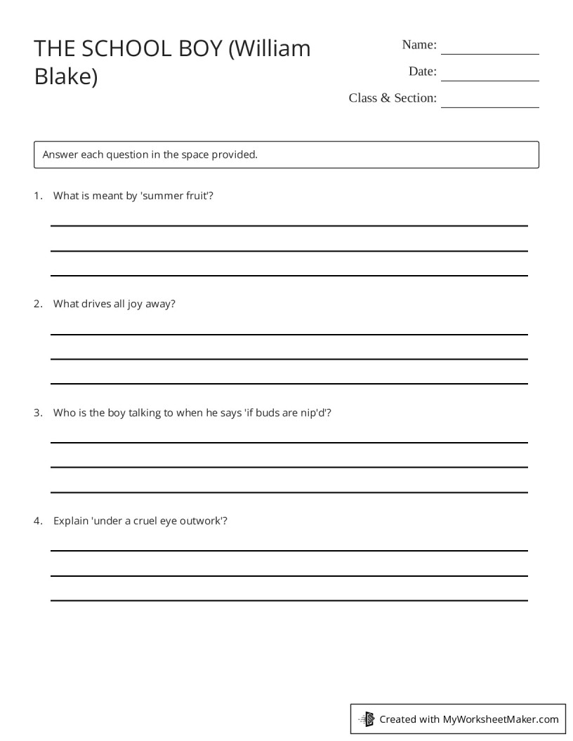 THE SCHOOL BOY (William Blake) - My Worksheet Maker: Create Your Own ...