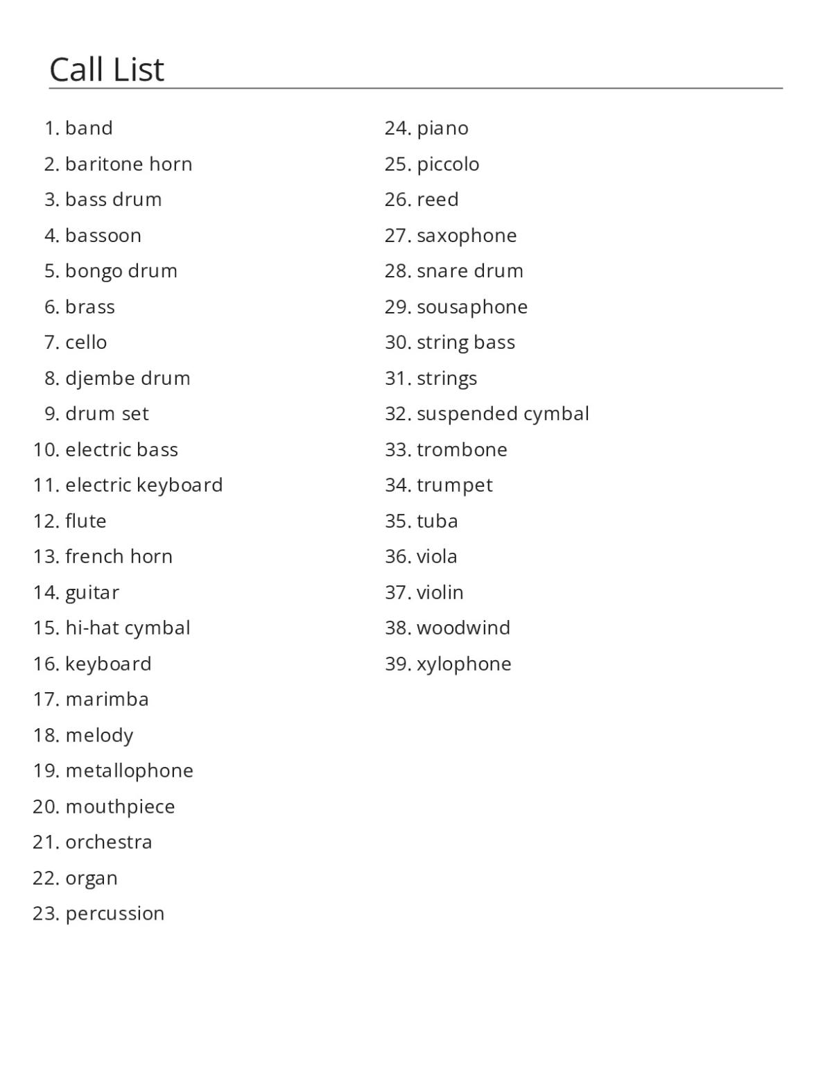 Instrument families bingo cards with woodwind, brass, percussion, and string instruments.