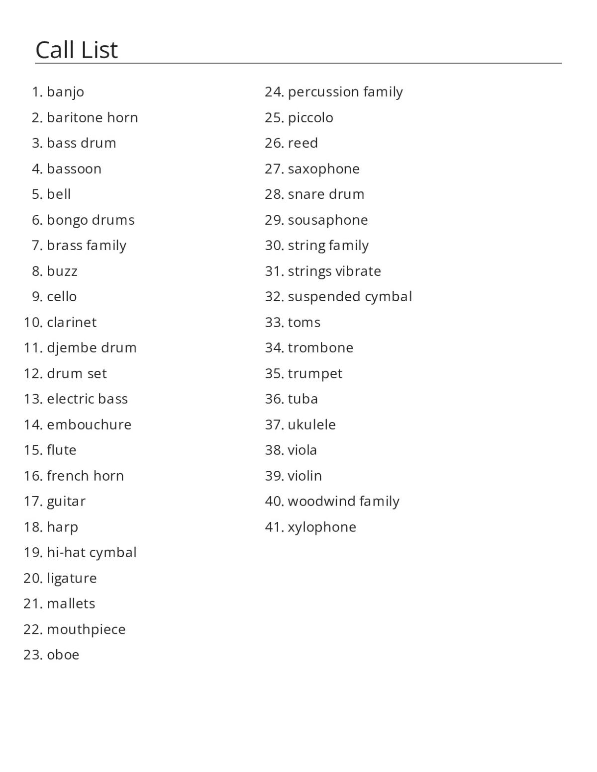 Instrument families bingo cards featuring brass, woodwind, string, and percussion instruments.