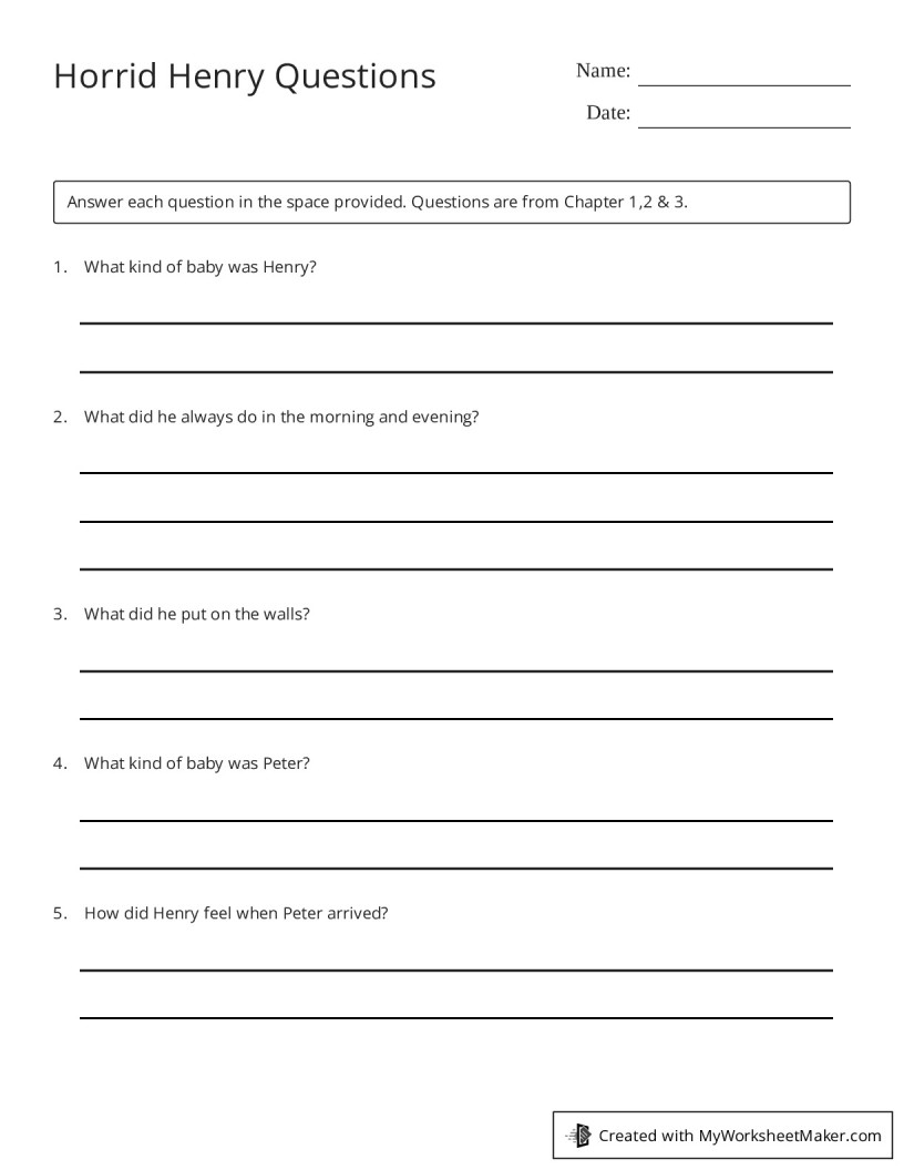 Horrid Henry Questions - My Worksheet Maker: Create Your Own Worksheets