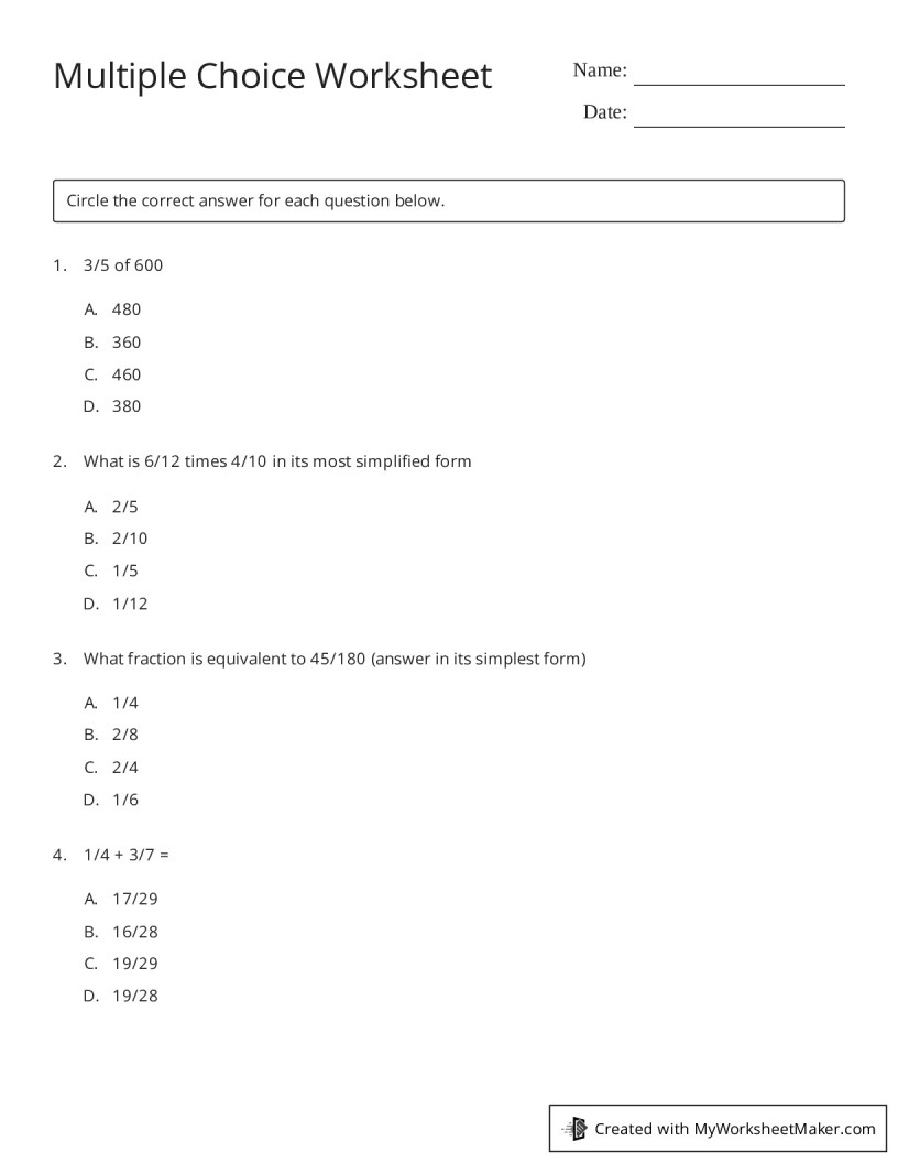 Multiple Choice Worksheet - My Worksheet Maker: Create Your Own Worksheets