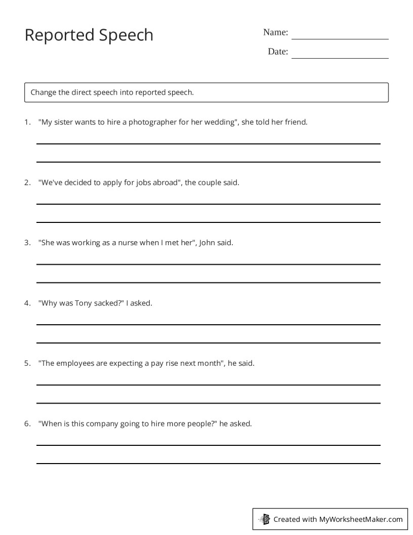Reported Speech - My Worksheet Maker: Create Your Own Worksheets