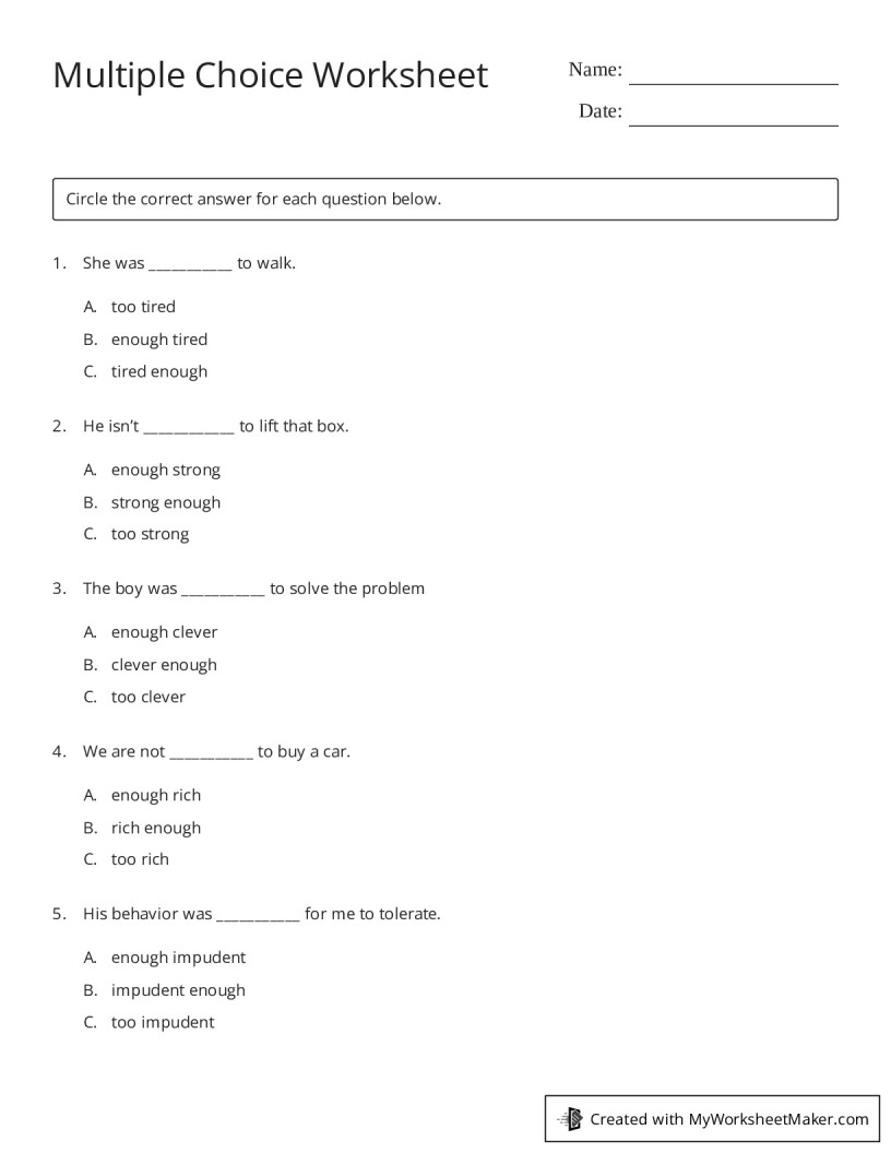 Multiple Choice Worksheet My Worksheet Maker Create Your Own Worksheets