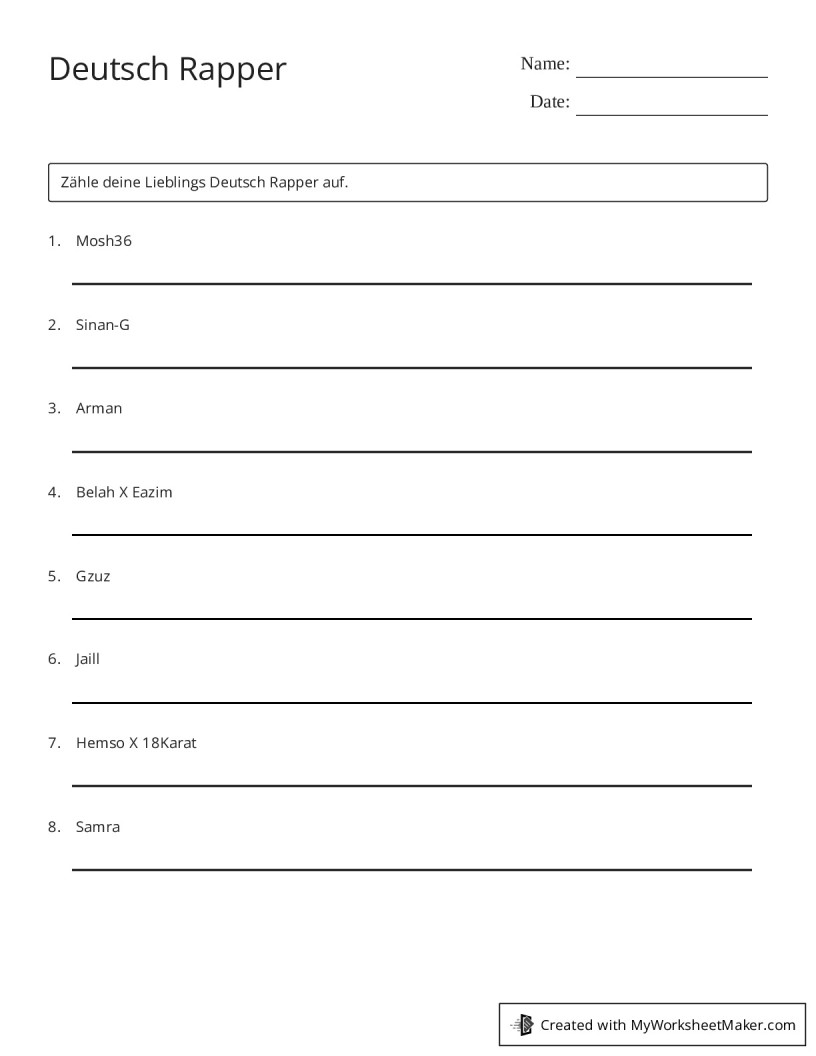 Deutsch Rapper - My Worksheet Maker: Create Your Own Worksheets