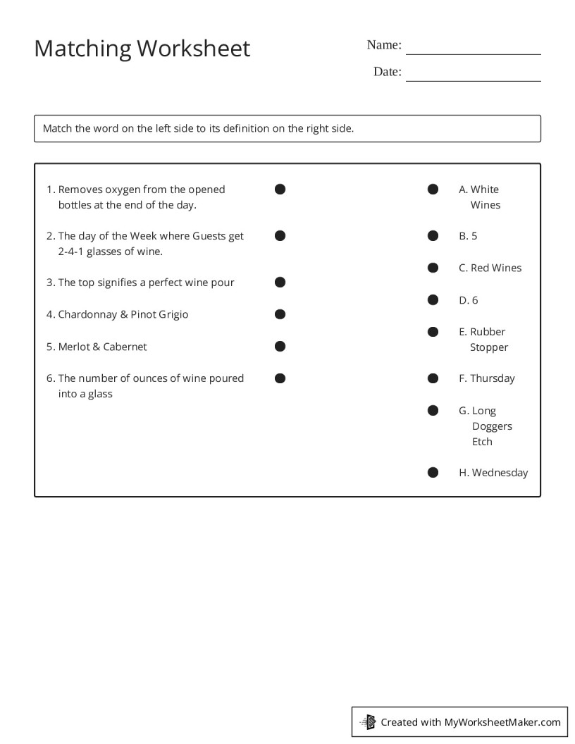 Matching Worksheet - My Worksheet Maker: Create Your Own Worksheets