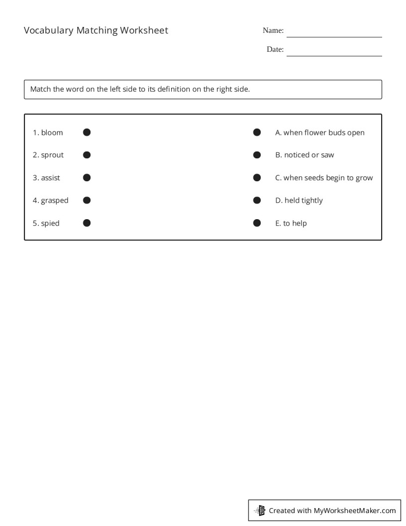 Vocabulary Matching Worksheet - My Worksheet Maker: Create Your Own ...