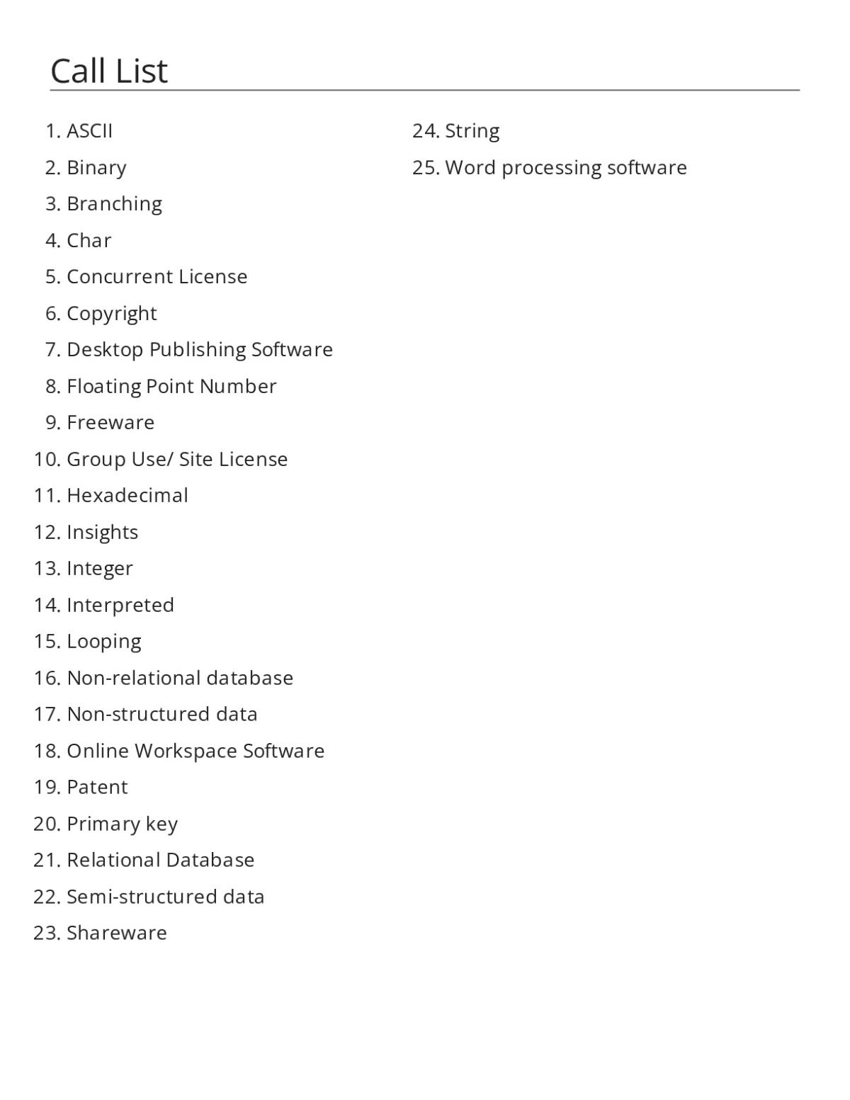 IT 101 Module 2 bingo cards with data types, programming, and database terminology.
