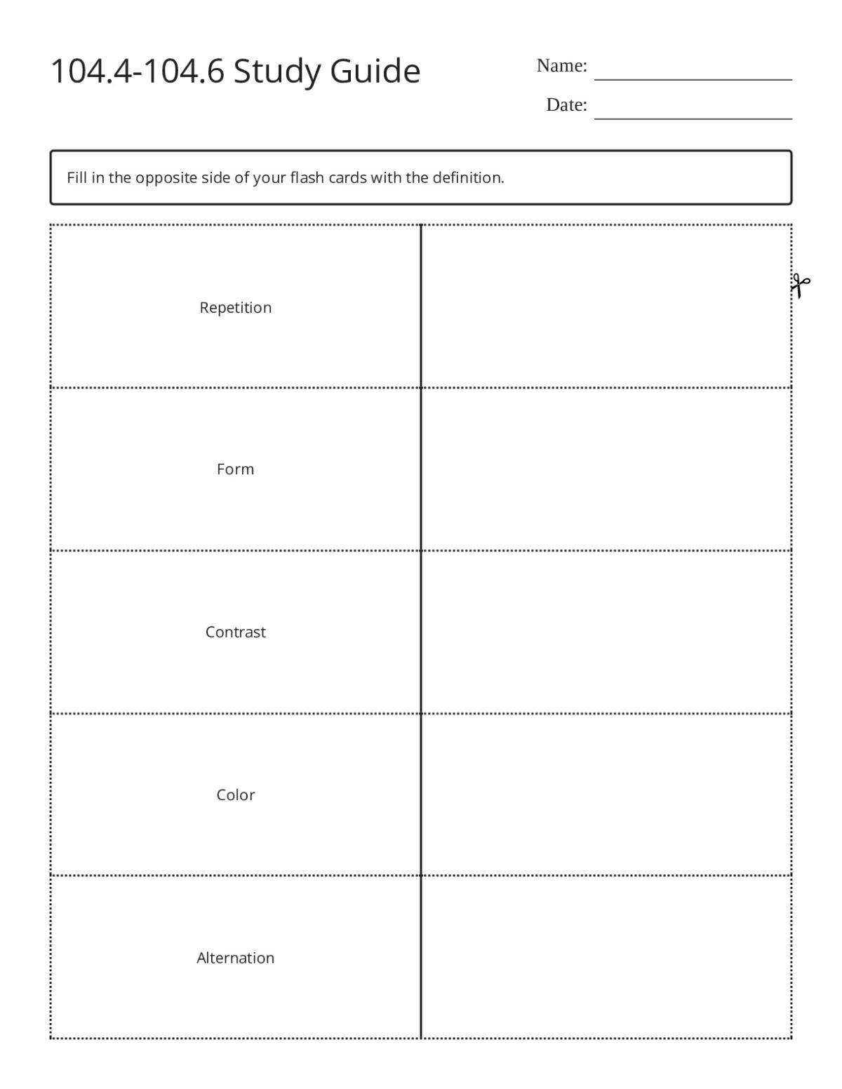 Design principles flashcards: repetition, contrast, color, texture, and progression for client-centered design.
