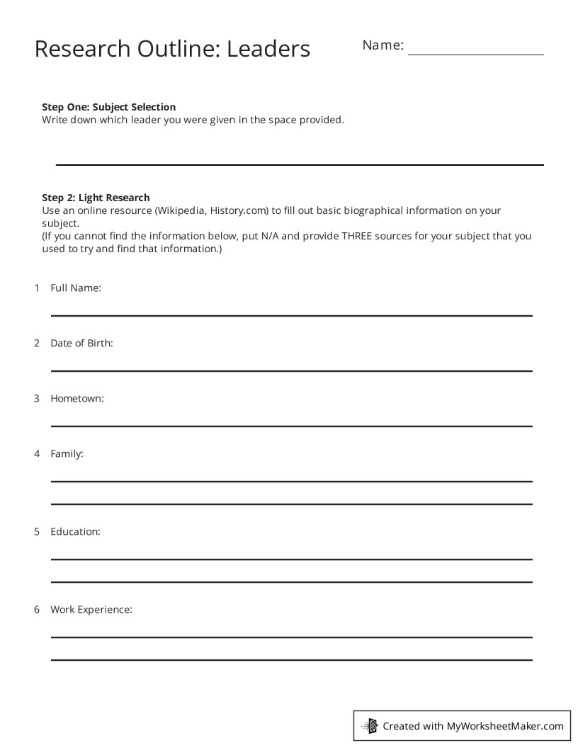 Research Outline: Leaders - My Worksheet Maker: Create Your Own Worksheets
