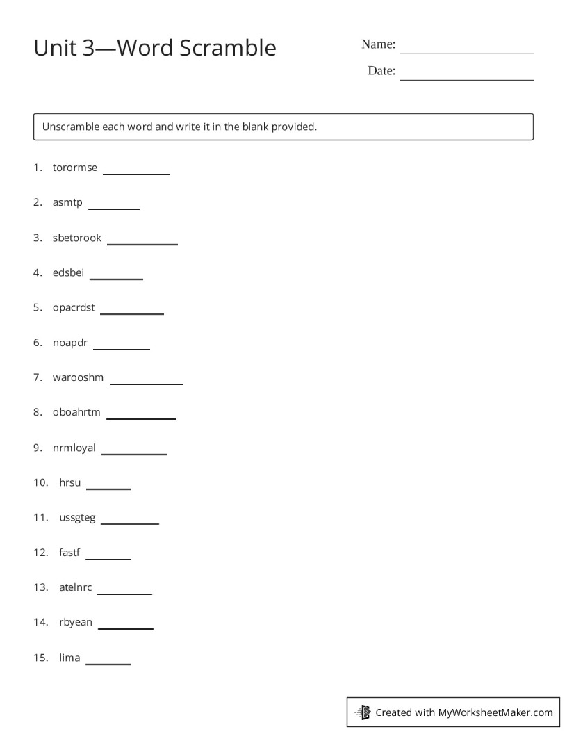 Unit 3—Word Scramble - My Worksheet Maker: Create Your Own Worksheets