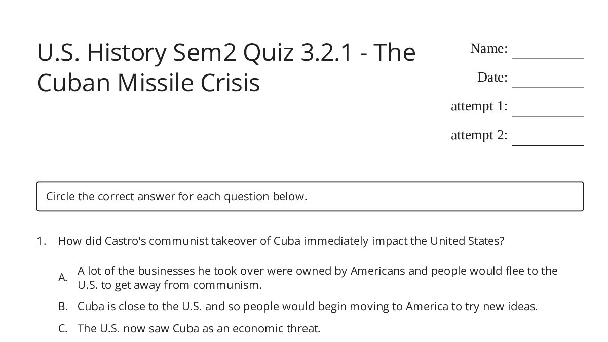 U.S. History Sem2 Quiz 3.2.1 - The Cuban Missile Crisis - My Worksheet ...