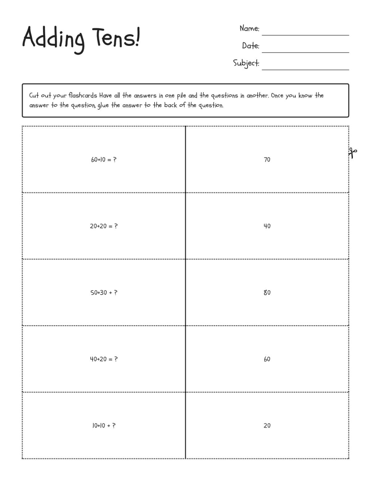 Addition flashcards with tens for Grade 1 math, featuring problems like 60+10 and 40+20.
