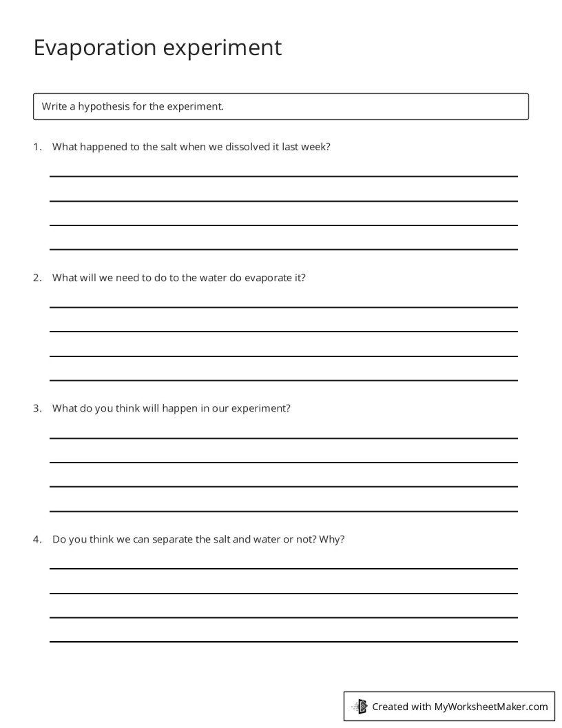 Evaporation experiment My Worksheet Maker Create Your Own Worksheets