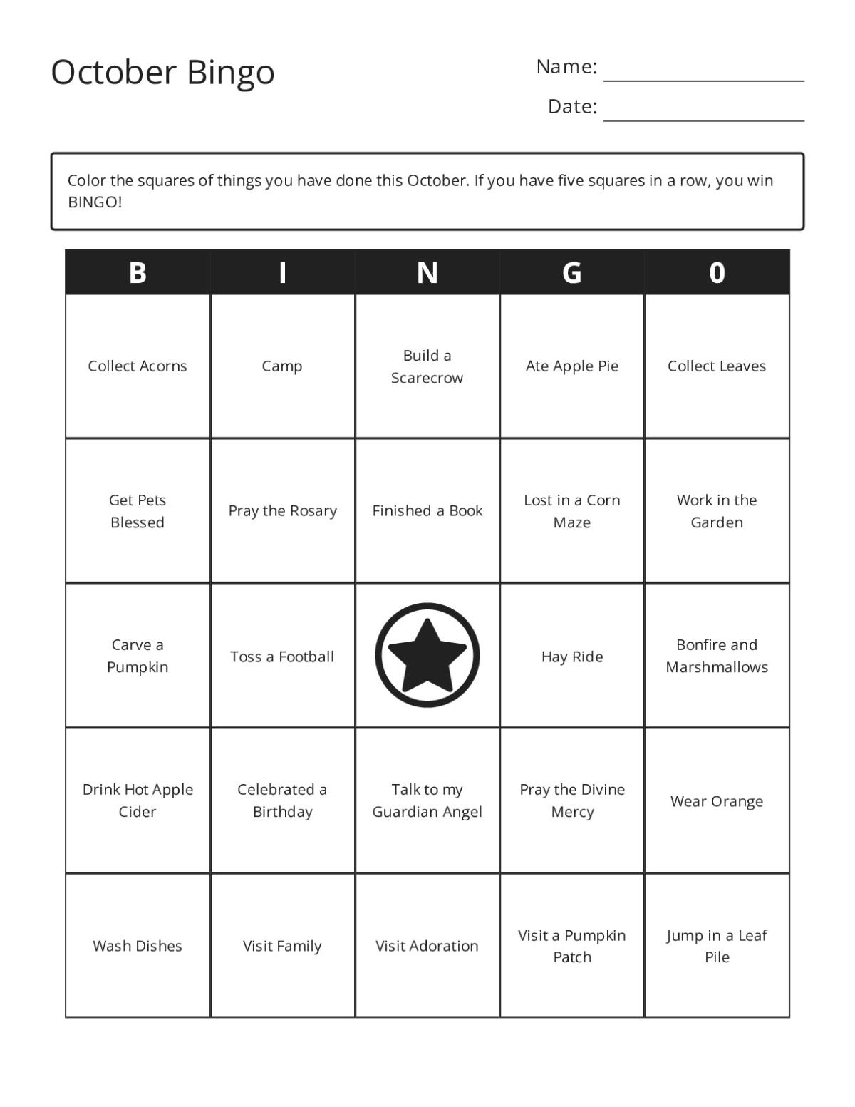 October bingo cards with fall activities including pumpkin patches, leaf collecting, and bonfires.