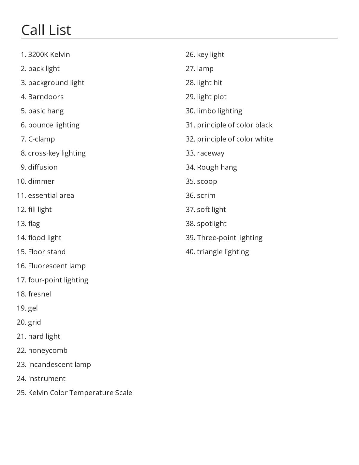 Bingo cards with stage lighting terminology including fresnels, three-point lighting, and gels.