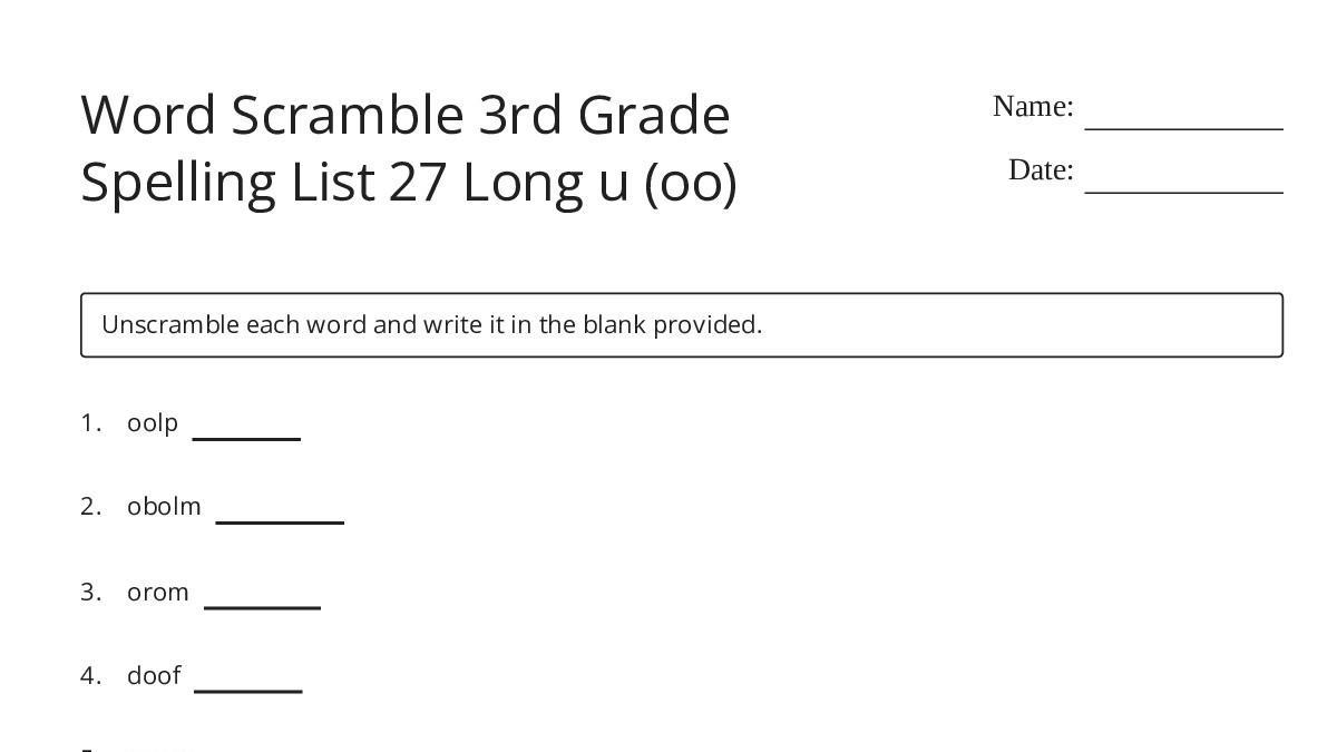 Word Scramble 3rd Grade Spelling List 27 Long u (oo) - My Worksheet ...