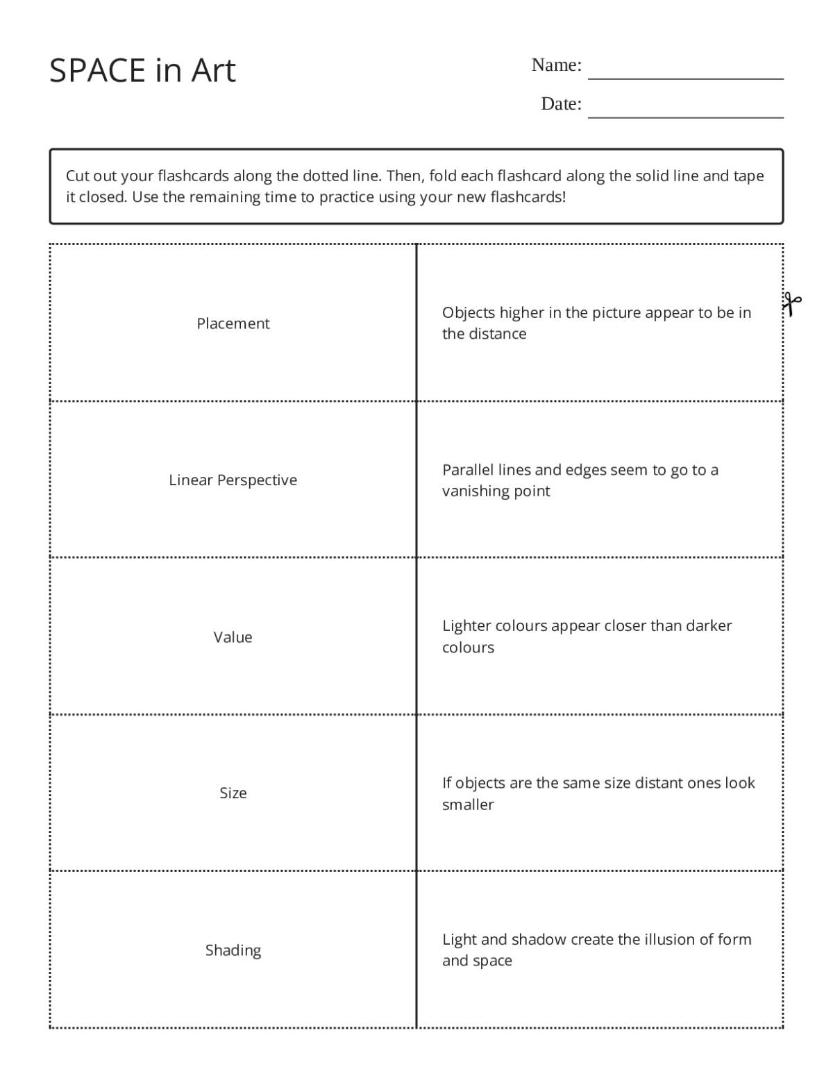 Art flashcards on space showing linear perspective, overlap, and shading techniques for Grade 7.