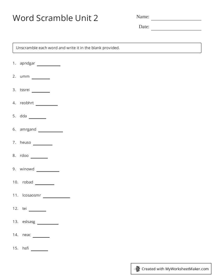 Word Scramble Unit 2 - My Worksheet Maker: Create Your Own Worksheets