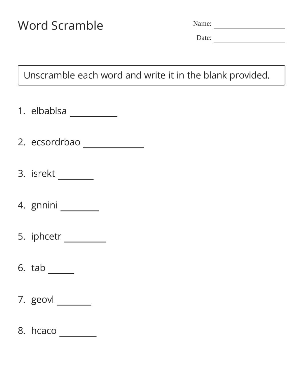 Printable baseball word scramble with 10 sports vocabulary terms including pitcher, shortstop, and scoreboard.