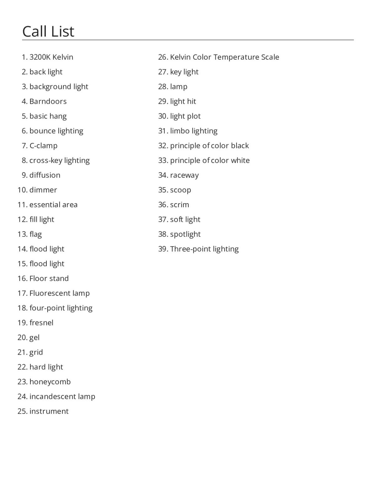 Theatre lighting bingo cards with fresnel, three-point lighting, and gel terminology.