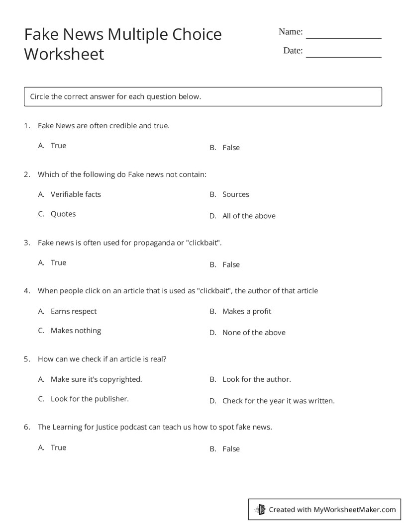 Fake News Multiple Choice Worksheet My Worksheet Maker Create Your