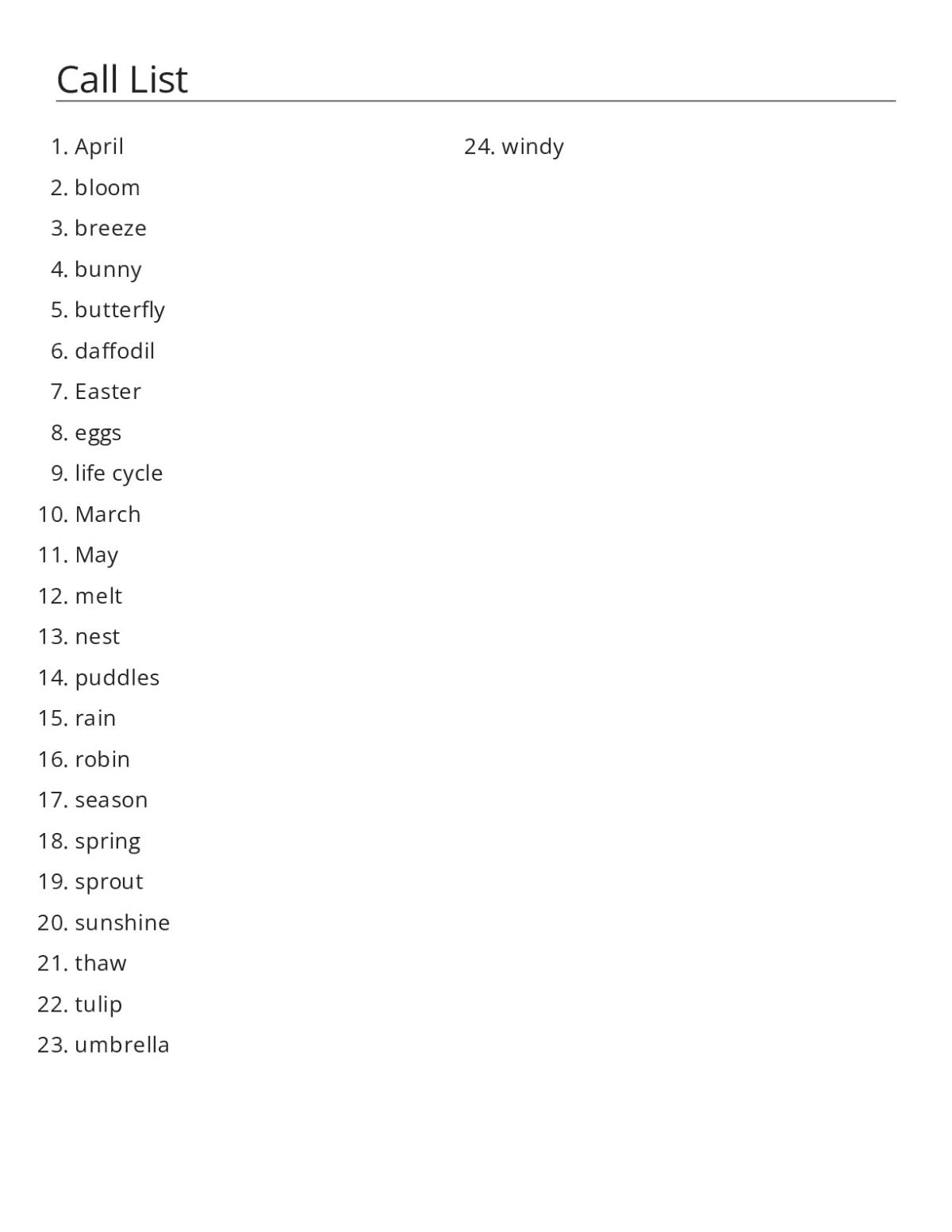 Spring bingo cards with flowers, animals, and seasonal words like robin, daffodil, and bloom.