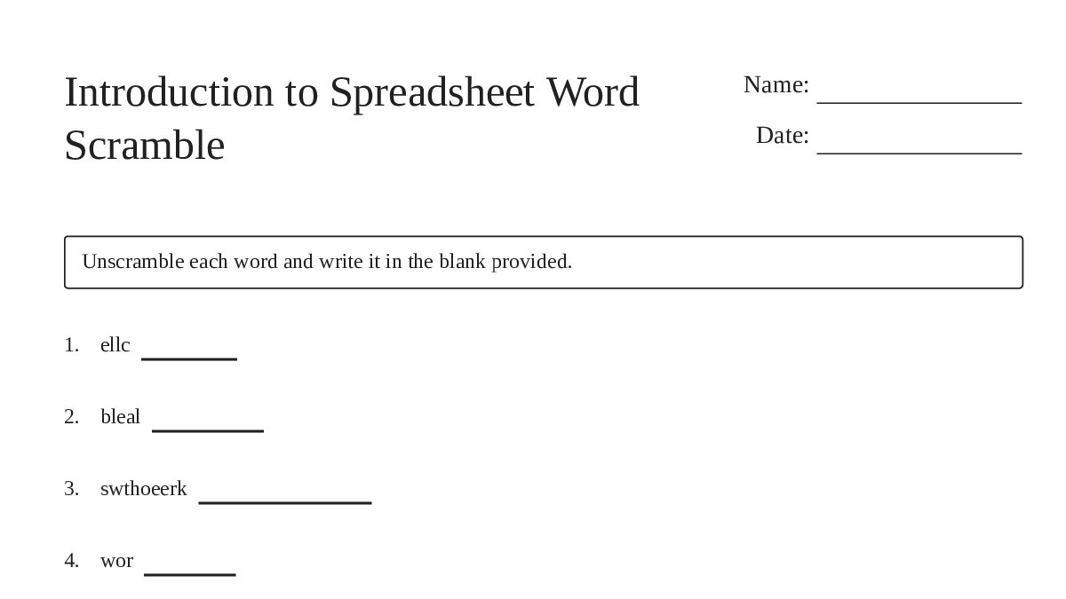 Introduction to Spreadsheet Word Scramble - My Worksheet Maker: Create ...